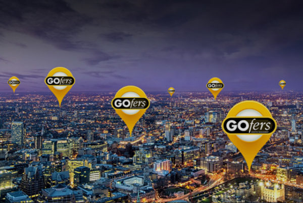 GOfers logo pinned on a city skyline image.