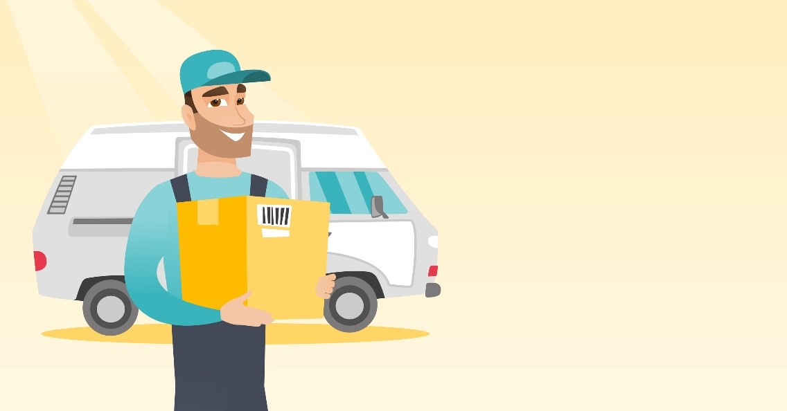 Cartoon delivery man smiling with a box in his hands, the van in background