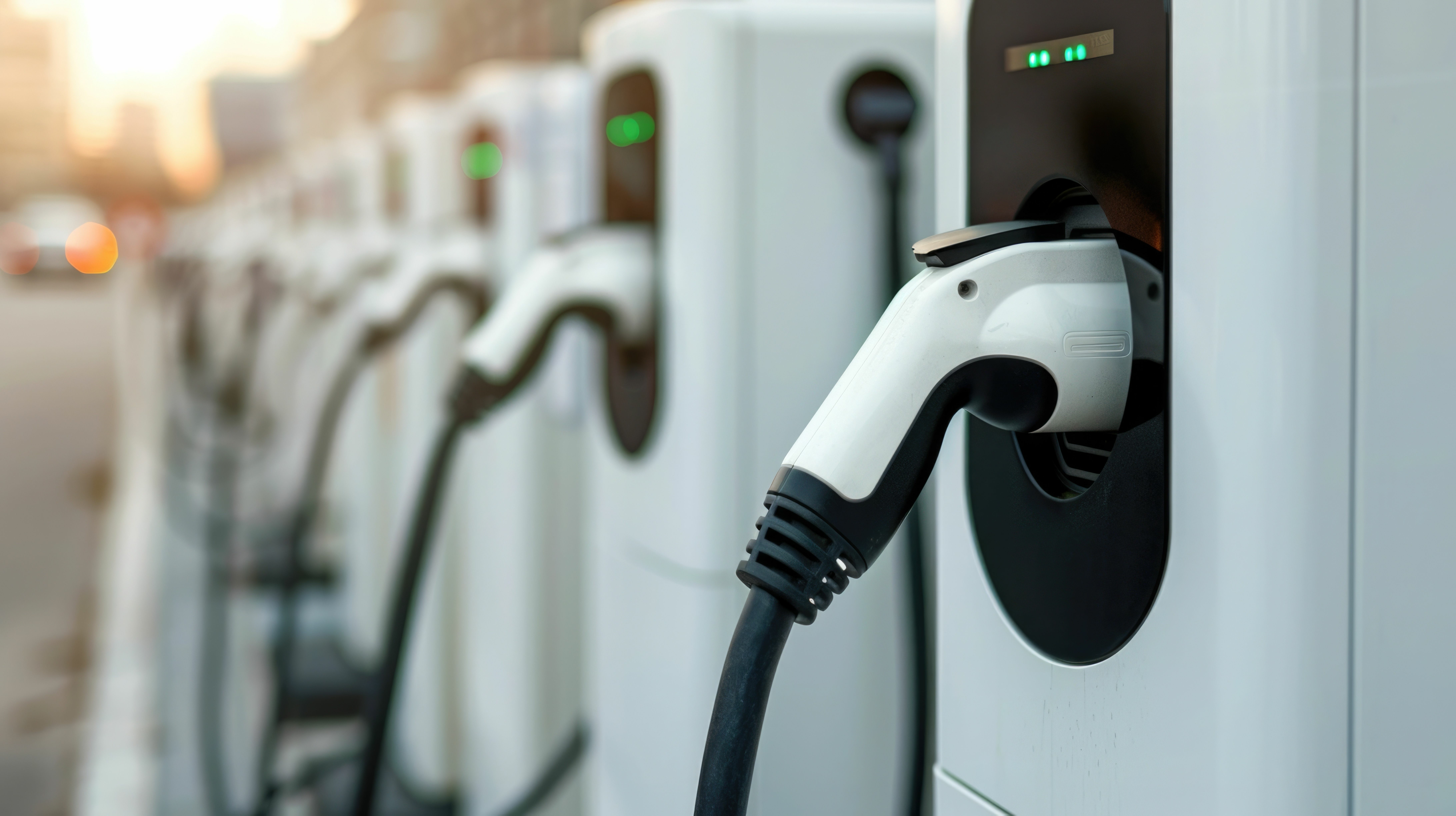 Closeup view of electric fleet charging stations at a company s vehicle depot showcasing the modern infrastructure and technology solutions for sustainable transportation and electrified mobility