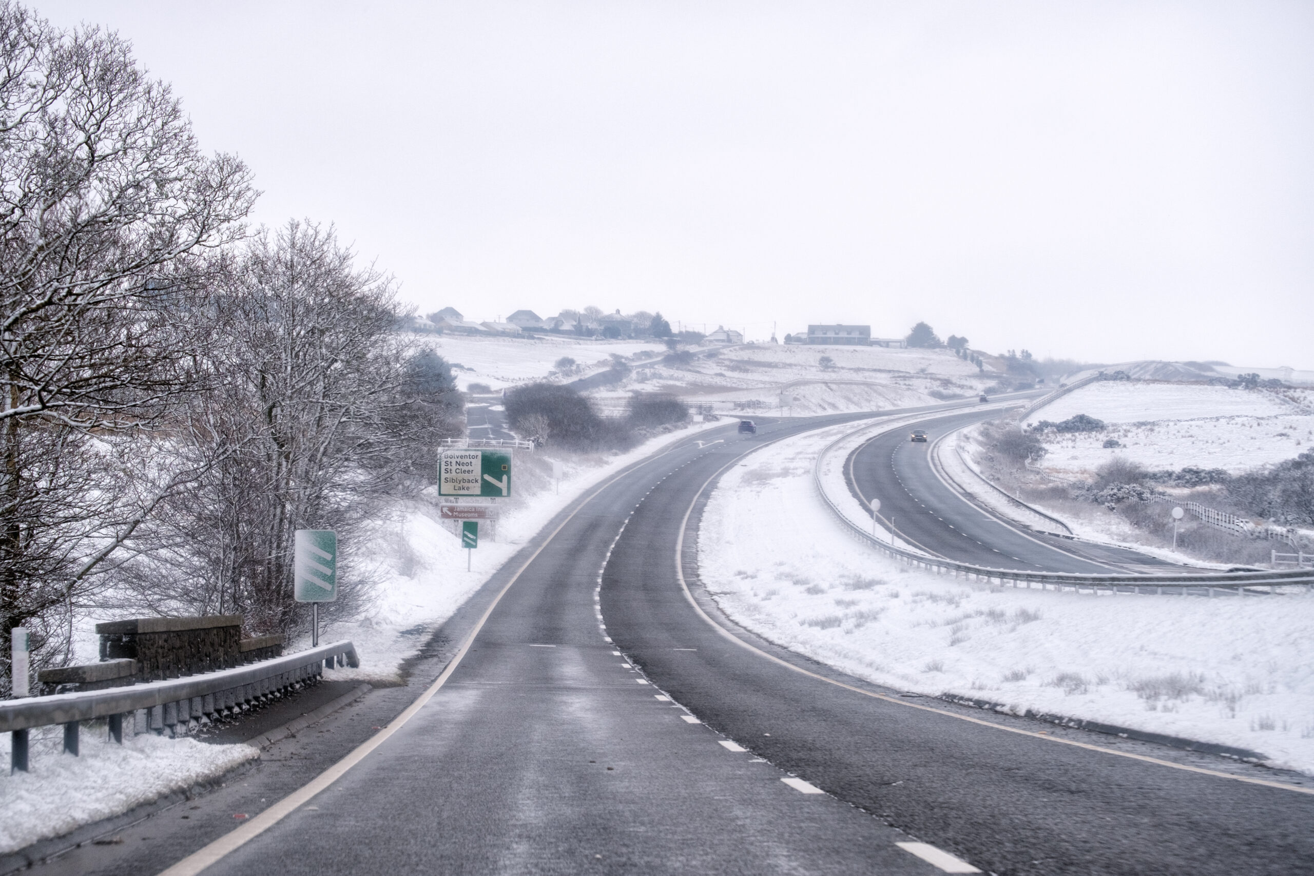 Snow on the motorway in south west england uk